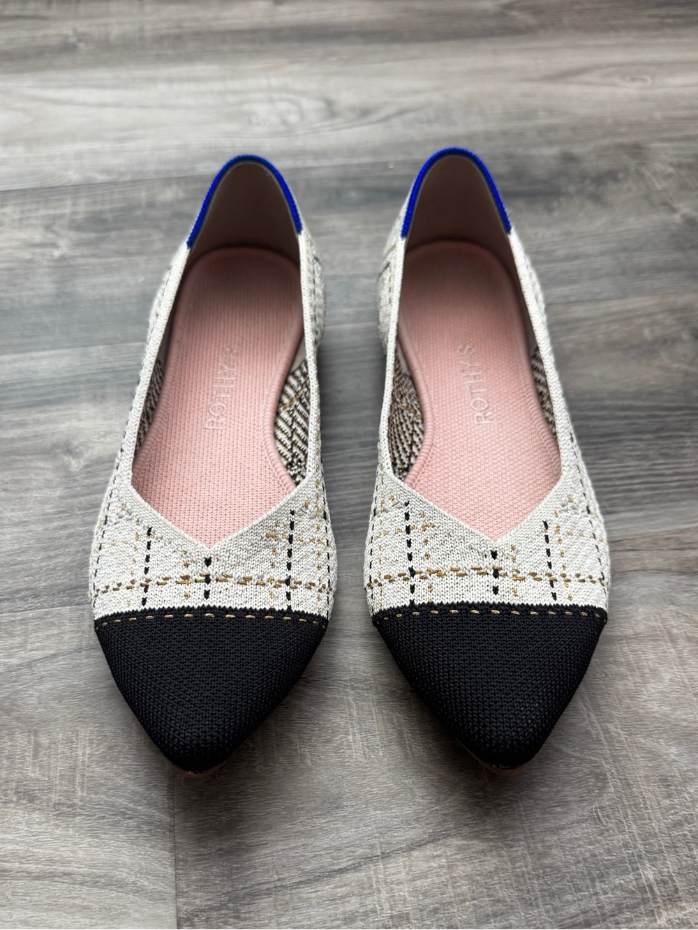 Rothy’s The Point Moonlight Tweed Black Cap Toe Flats Size 8